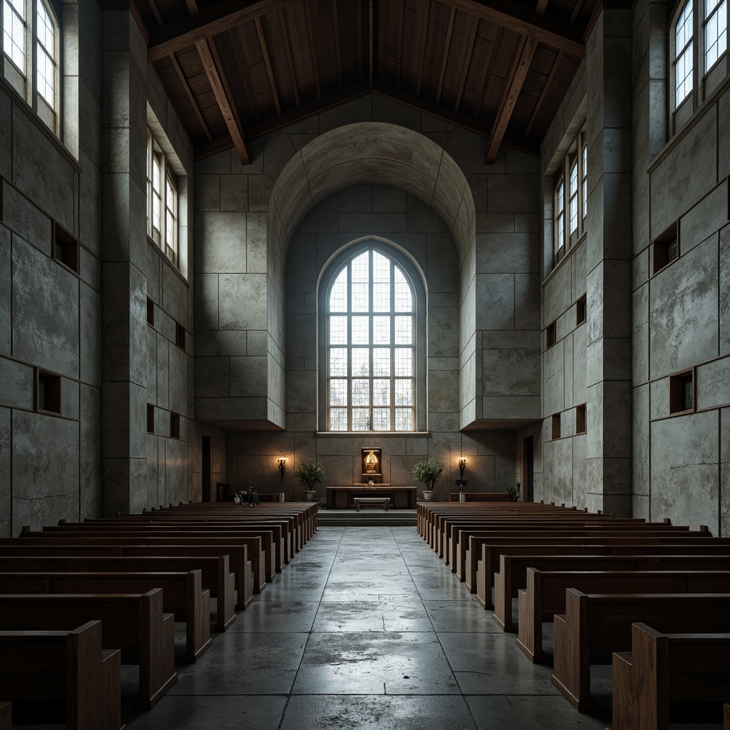 Prompt: Gloomy brutalist church, rugged concrete fa\u00e7ade, rough-hewn stone walls, industrial-style steel beams, minimalist stained glass windows, weathered wooden pews, dimly lit nave, cold gray tone, earthy brown accents, muted terracotta hues, solemn atmosphere, dramatic chiaroscuro lighting, high contrast shadows, symmetrical composition, grandiose scale, ornate details, mystical ambiance, eerie silence.