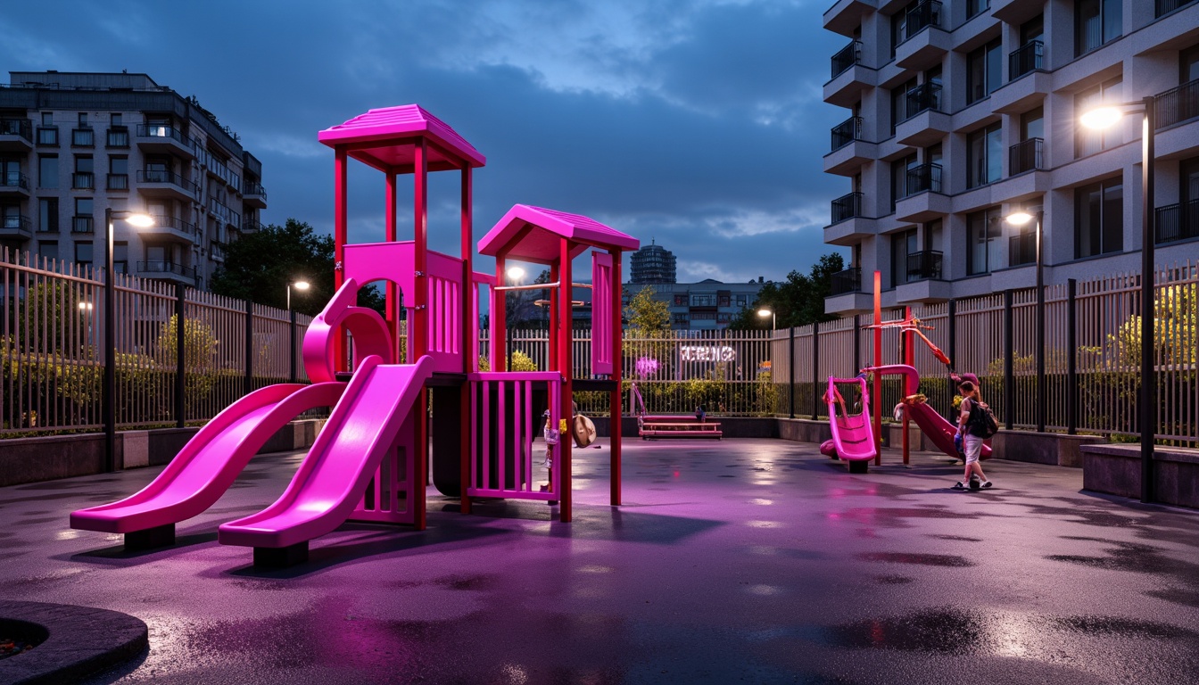 Prompt: Vibrant fuchsia-colored sports equipment, urban playground, concrete jungle gym, metal fences, asphalt ground, cityscape backdrop, modern streetlights, bold typography, dynamic shadows, high-contrast lighting, 1/2 composition, shallow depth of field, realistic textures, ambient occlusion.