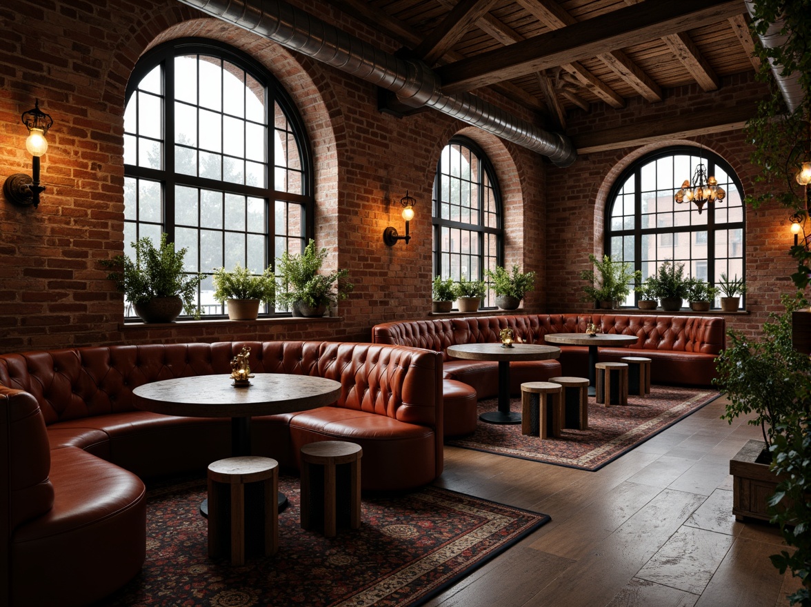 Prompt: Exposed brick walls, distressed wood beams, industrial metal pipes, reclaimed wooden planks, vintage decorative tiles, ornate iron railings, arched windows, grand chandeliers, luxurious velvet fabrics, rich leather textures, earthy color palette, warm atmospheric lighting, shallow depth of field, 1/2 composition, cinematic framing, soft focus effect.