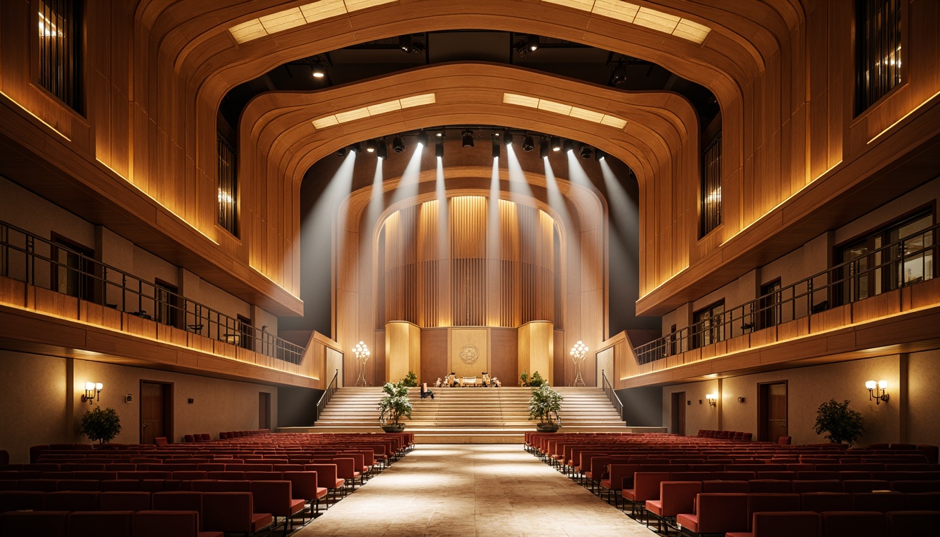 Prompt: Elegant concert hall, undulating curves, flowing wooden panels, acoustic soundwaves, reverberating chamber, polished marble floors, grand staircase, luxurious velvet seating, ornate chandeliers, dramatic spotlights, soft warm glow, atmospheric mist, shallow depth of field, 2/3 composition, symmetrical architecture, natural stone fa\u00e7ade, curved glass windows, vibrant cityscape, lively urban atmosphere, sophisticated interior design.