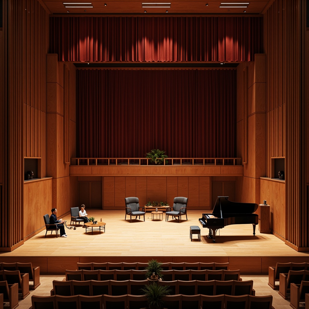 Prompt: Elegant concert hall, wooden paneling, sound-absorbing materials, velvet curtains, tiered seating, grand piano, professional audio equipment, precise sound calibration, intimate ambiance, warm soft lighting, shallow depth of field, 1/1 composition, realistic textures, ambient occlusion.