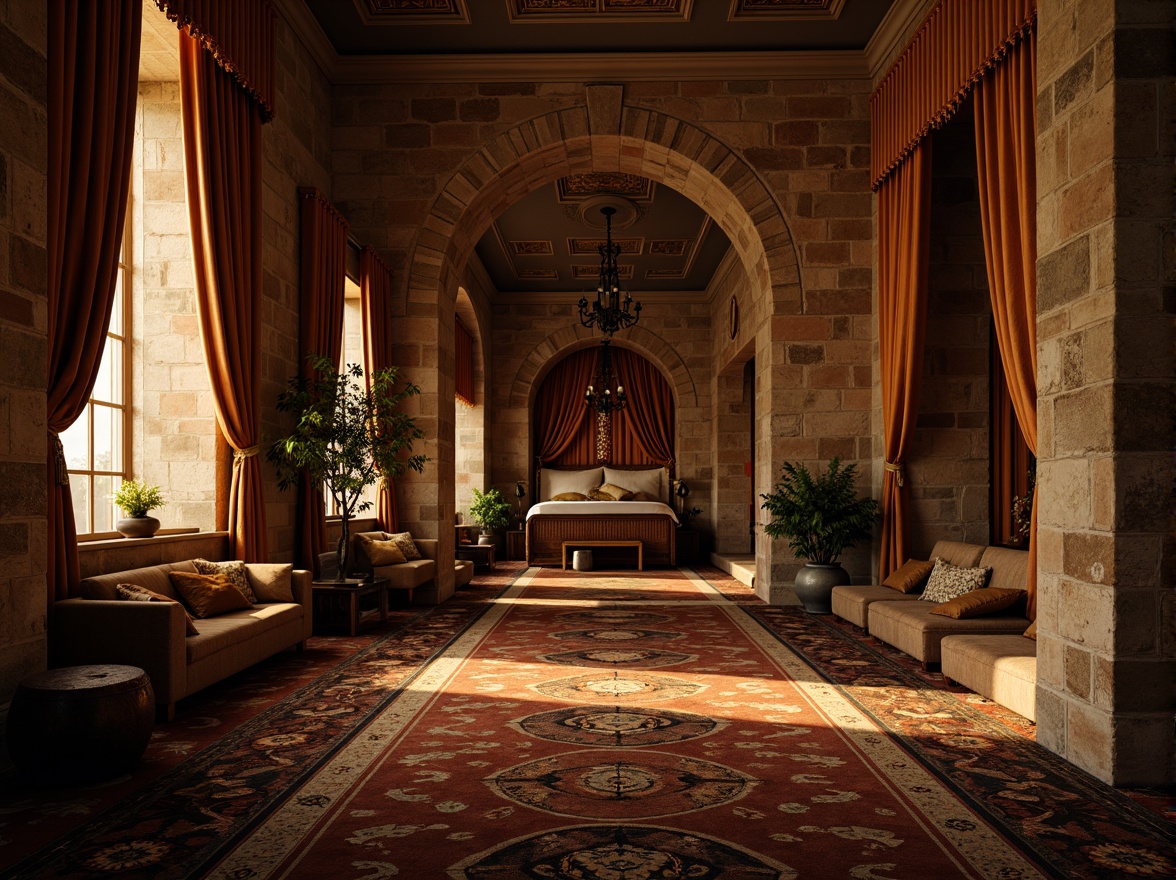 Prompt: Warm earthy tones, rustic stone walls, ornate carvings, grand arches, richly textured fabrics, muted golden hues, soft candlelight, dramatic shadows, intricate patterns, luxurious velvet drapes, distressed wood accents, weathered copper details, vintage artifacts, mysterious ambiance, high contrast lighting, cinematic composition.