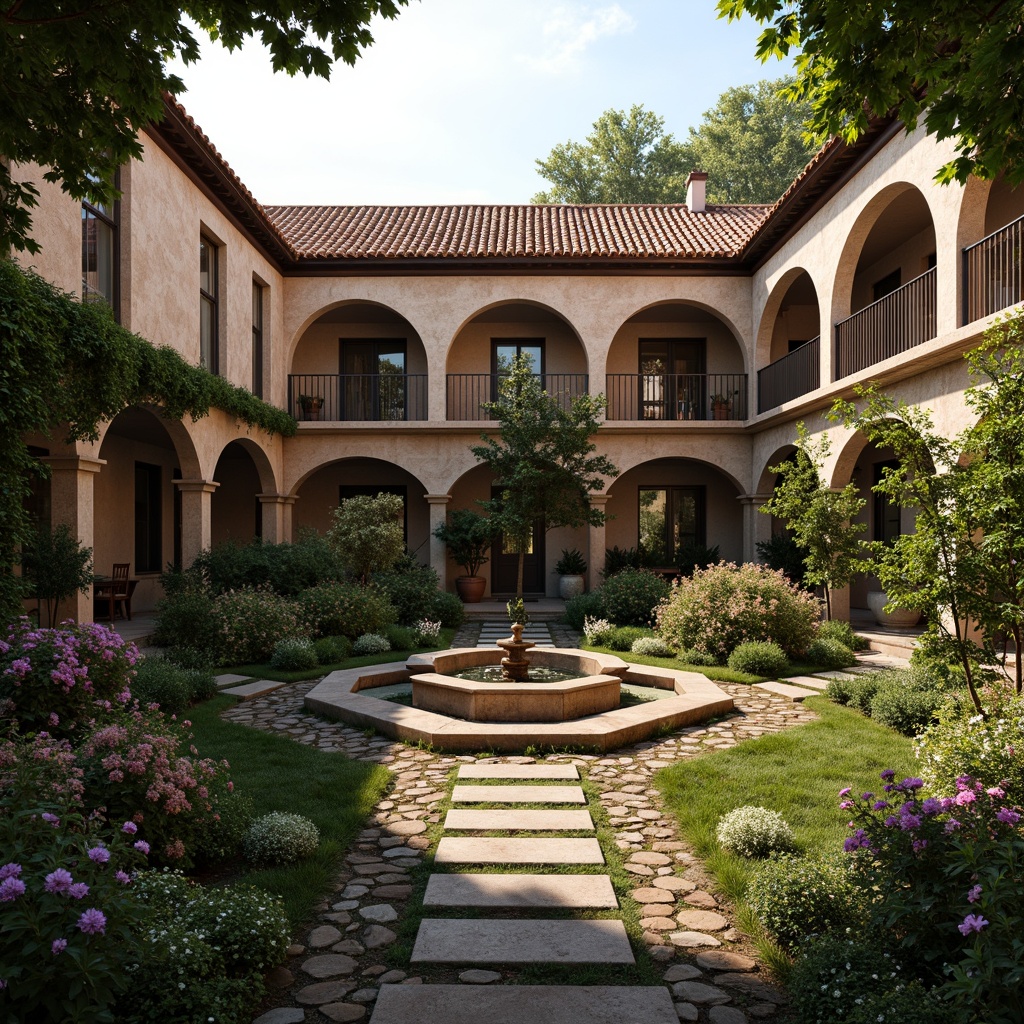 Prompt: Rustic courtyard, lush greenery, blooming flowers, meandering stone pathways, ornate fountains, majestic Romanesque buildings, arched windows, terracotta roofs, distressed stonework, vines crawling up walls, lantern-style lighting, warm golden hour, shallow depth of field, 1/2 composition, symmetrical framing, realistic textures, ambient occlusion, subtle color grading.Let me know if this meets your requirements!