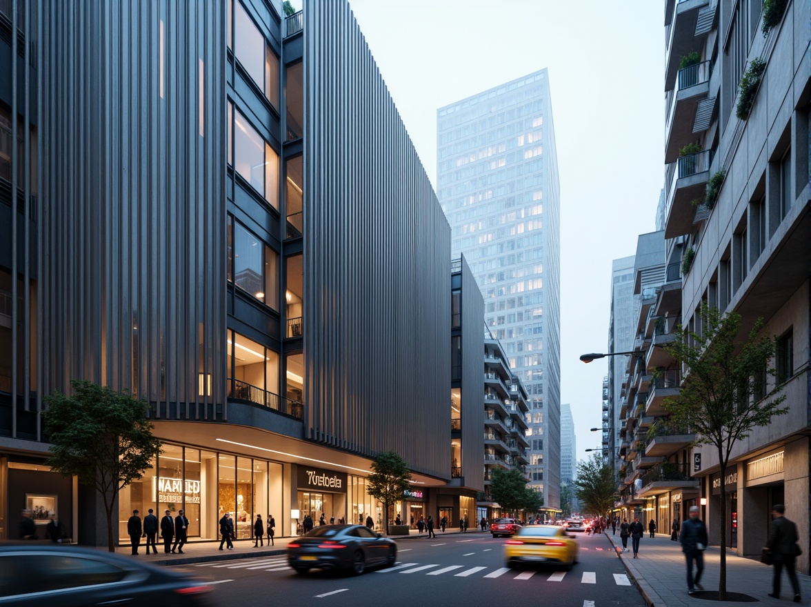 Prompt: Curved building facade, sleek metal cladding, reflective glass surfaces, angular lines, minimalist design, futuristic aesthetic, high-rise architecture, urban cityscape, busy streets, modern skyscrapers, speedy traffic, blurred motion effect, shallow depth of field, 3/4 composition, panoramic view, realistic textures, ambient occlusion, morning mist, soft warm lighting.