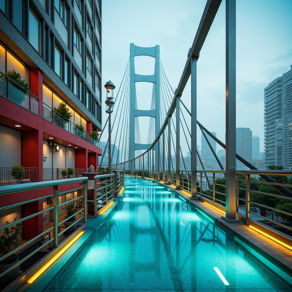 Prompt: Vibrant turquoise suspension cables, futuristic silver bridge architecture, sleek metallic railings, iridescent blue glass floors, radiant yellow support beams, bold red accent walls, luminous white LED lighting, misty atmospheric effects, shallow depth of field, 3/4 composition, panoramic cityscape views, realistic reflective surfaces, ambient occlusion.