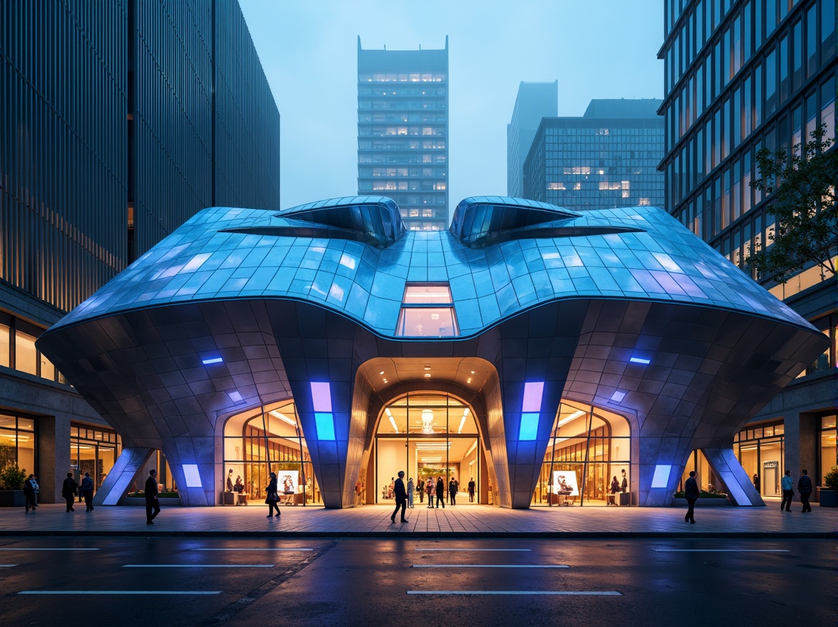 Prompt: Futuristic museum facade, neon-lit LED lights, gleaming metallic surfaces, angular geometric shapes, cantilevered rooflines, sweeping curves, minimalist entrance, automated sliding doors, polished chrome accents, transparent glass walls, dynamic lighting systems, urban cityscape background, misty atmospheric effects, shallow depth of field, 1/2 composition, symmetrical framing, high-contrast color scheme, glowing ambient occlusion.