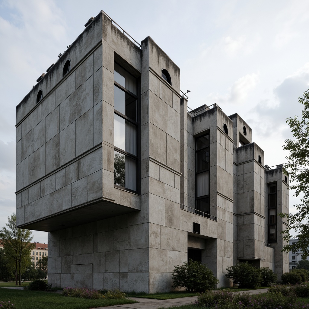 Prompt: Fortified concrete structures, rugged textures, monumental scale, fortress-like fa\u00e7ades, exposed ductwork, industrial materials, functional simplicity, brutalist aesthetic, urban landscape, overcast skies, dramatic shadows, high-contrast lighting, dynamic composition, abstract forms, geometric patterns, raw concrete finishes, steel reinforcement, minimalist ornamentation, bold architectural statements.