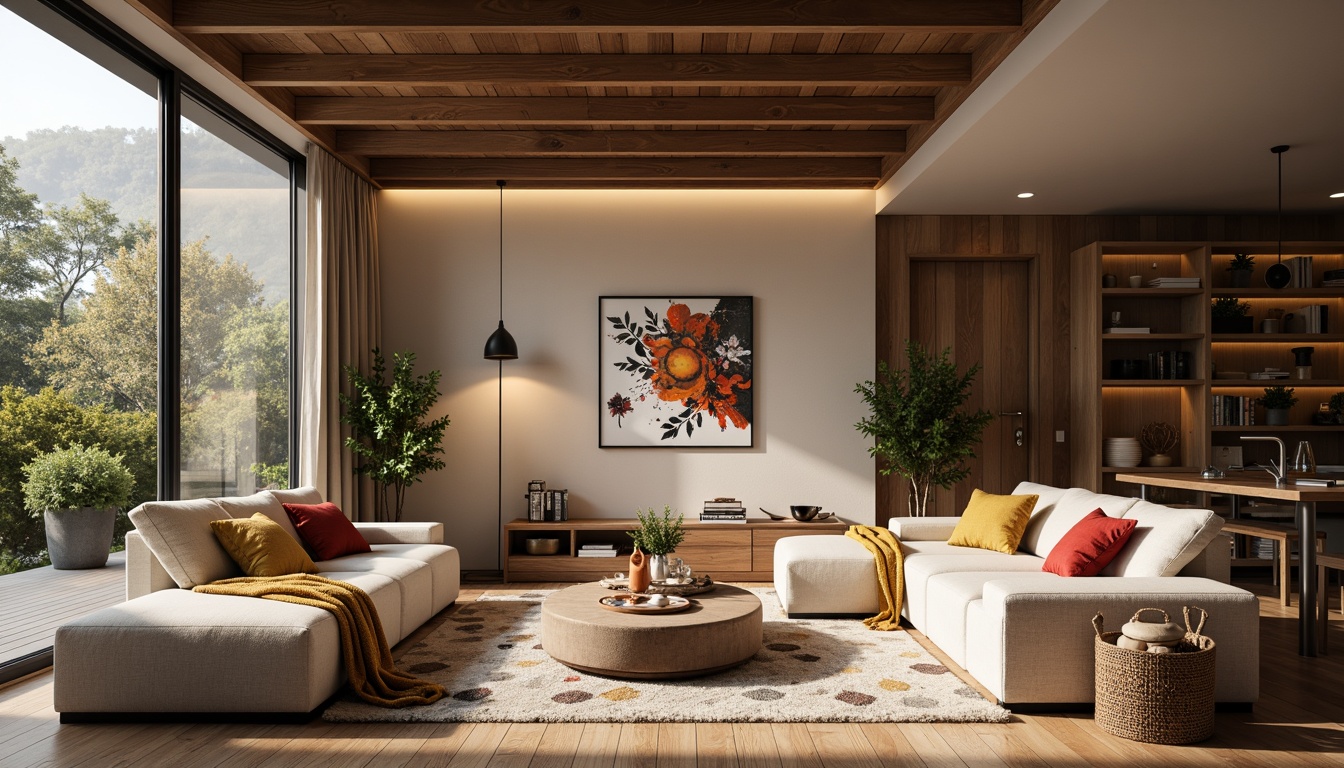 Prompt: Cozy living room, plush sofas, abstract artwork, natural wood accents, floor-to-ceiling windows, soft warm lighting, modern minimalist decor, functional storage solutions, ergonomic furniture design, vibrant colorful throw pillows, geometric patterned rugs, spacious open layout, harmonious color palette, atmospheric ambiance, realistic textures, shallow depth of field, 1/1 composition, intimate setting.