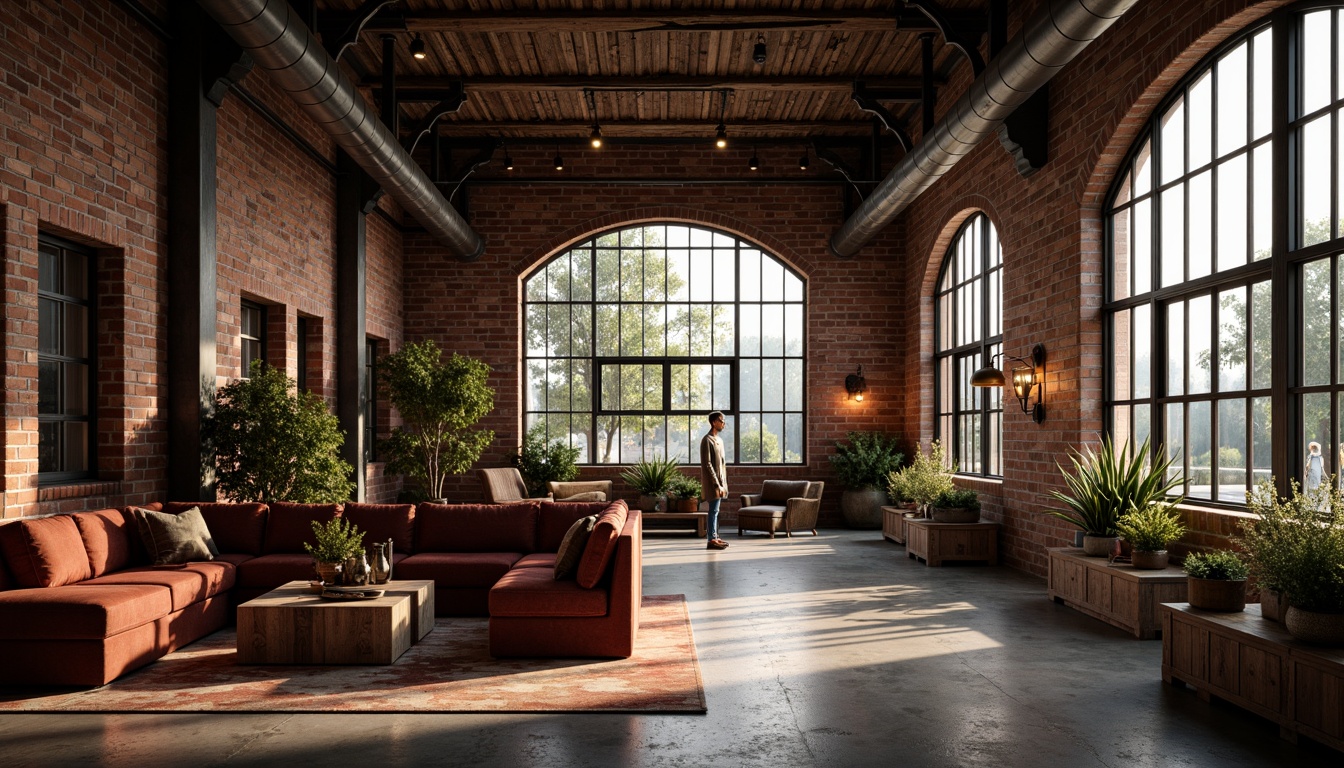 Prompt: Rustic industrial loft, exposed brick walls, wooden beams, metal trusses, reclaimed wood accents, distressed concrete floors, ornate ironwork, grand arched windows, vintage decorative lighting, rich velvet fabrics, earthy color palette, warm atmospheric lighting, dramatic shadows, 1/1 composition, cinematic view, realistic textures, ambient occlusion.