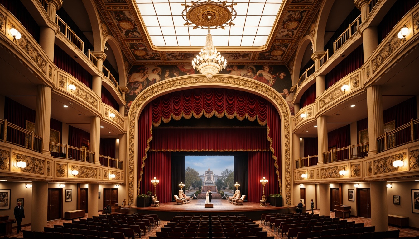 Prompt: Grand opera house, opulent chandeliers, intricate frescoes, ornate balconies, red velvet curtains, golden accents, dramatic staircases, sweeping arches, grandiose entrance halls, crystal clear glass ceilings, soft warm lighting, subtle color grading, high contrast ratios, spotlights on stage, diffuse natural light, 1/2 composition, cinematic framing, rich textures, detailed ornaments, lavish fabrics, elegant furniture, refined materials, subtle reflections, ambient occlusion.Please let me know if this meets your requirements!