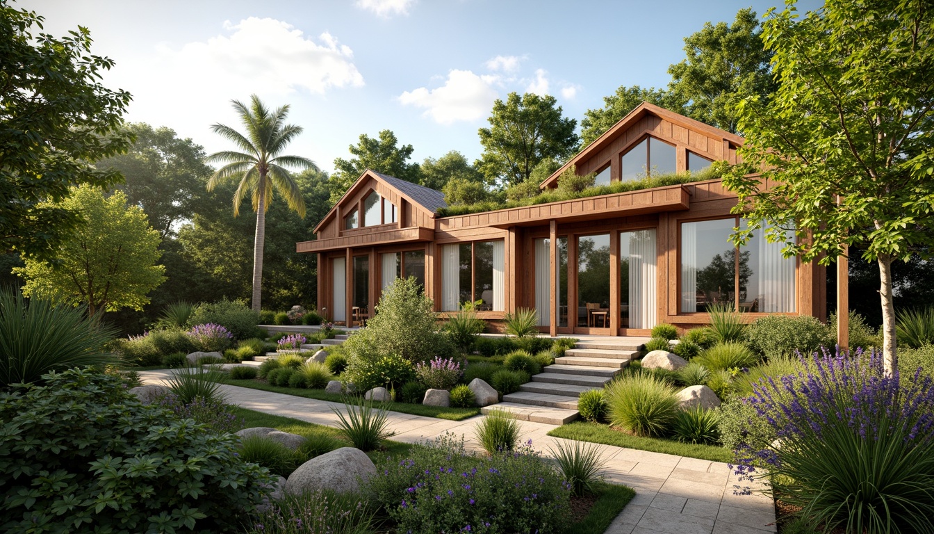 Prompt: Eco-friendly architecture, reclaimed wood accents, bamboo flooring, natural stone walls, living green roofs, solar panels, wind turbines, rainwater harvesting systems, organic gardens, lush vegetation, earthy color palette, warm natural lighting, shallow depth of field, 3/4 composition, realistic textures, ambient occlusion.