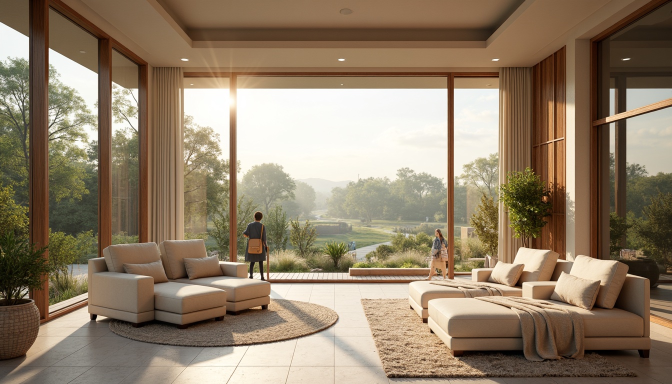 Prompt: Warm beige tones, soft peach hues, calming mint greens, creamy whites, rich wood accents, natural stone textures, cozy throw blankets, plush area rugs, oversized windows, abundant greenery, morning sunlight, gentle warm lighting, shallow depth of field, 1/1 composition, realistic renderings, ambient occlusion.