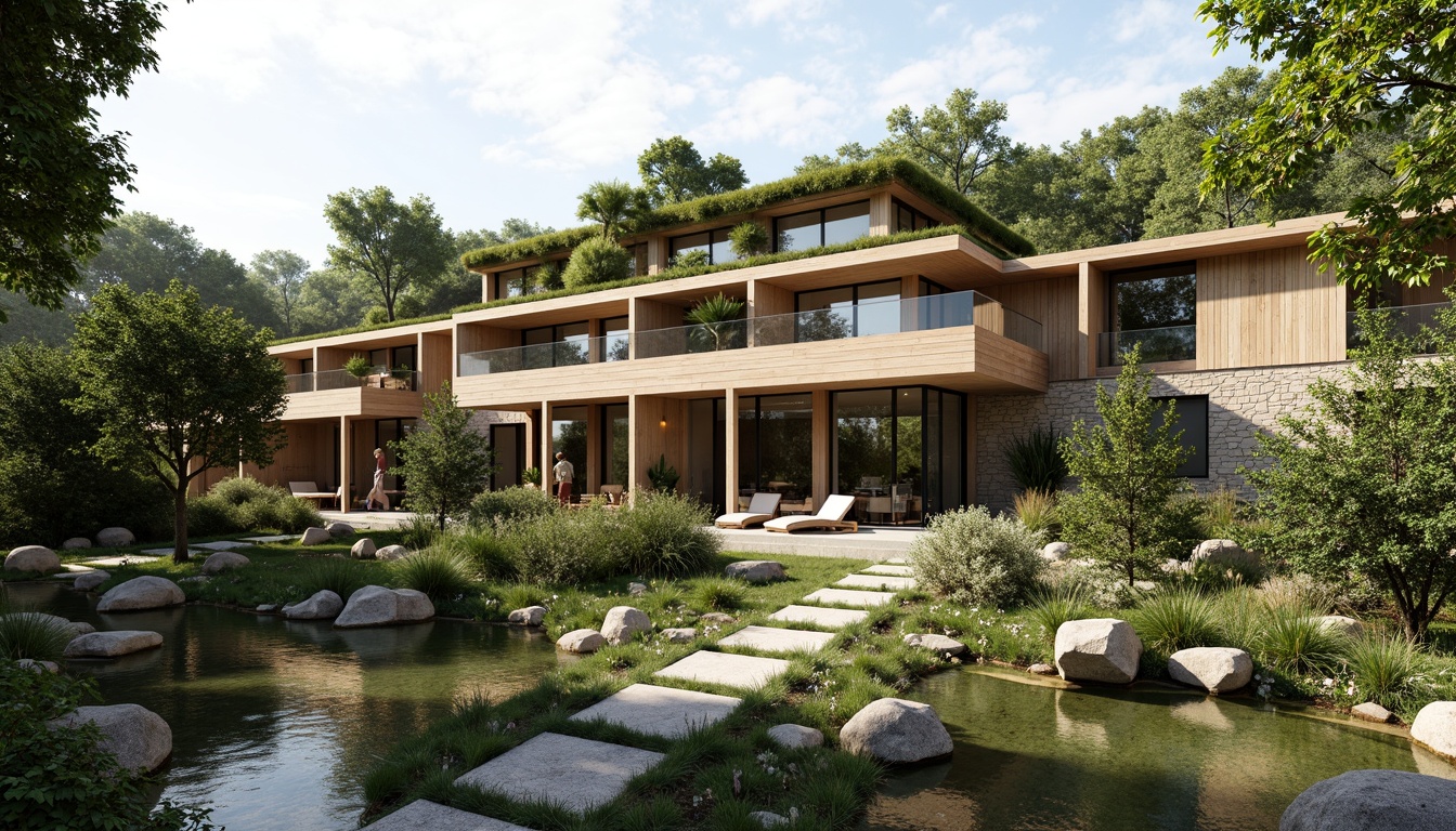 Prompt: Harmonious building facade, lush green roofs, verdant walls, natural stone cladding, wooden accents, floor-to-ceiling windows, sliding glass doors, minimalist architecture, seamless indoor-outdoor transition, serene water features, reflecting pools, walking trails, native plant species, organic forms, earthy tones, warm natural lighting, soft shadows, 1/1 composition, atmospheric perspective, realistic textures, ambient occlusion.