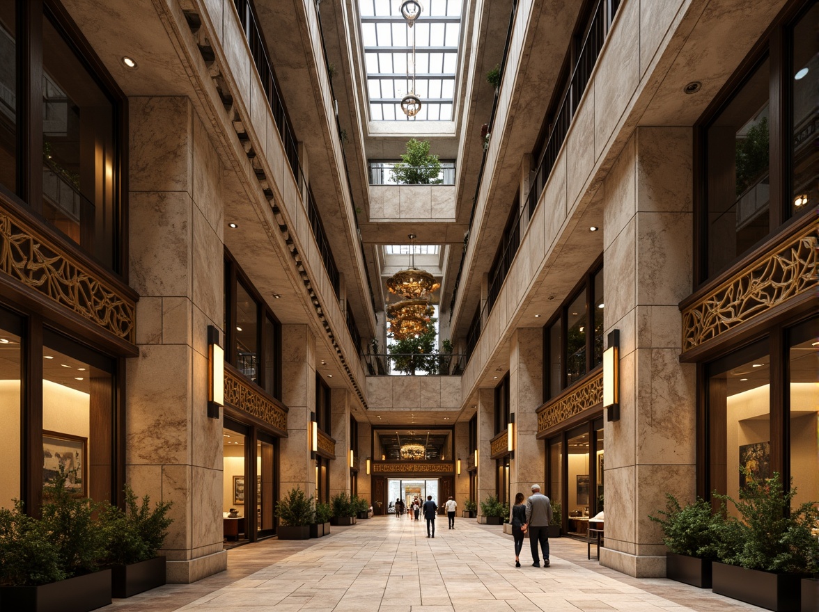 Prompt: Granite-clad bank building, monumental columns, ornate bronze doors, intricate stone carvings, geometric patterned facades, asymmetrical composition, cantilevered upper floors, grand atrium, high ceilings, marble flooring, ornate chandeliers, warm golden lighting, shallow depth of field, 1/2 composition, low-angle view, realistic textures, ambient occlusion.