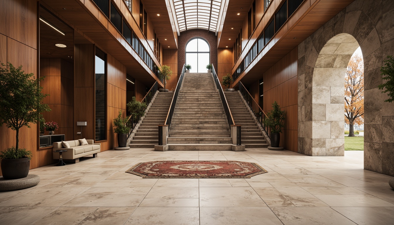 Prompt: Luxurious marble floors, rough-hewn stone walls, smooth wooden panels, metallic accents, glossy glass surfaces, tactile brick facades, weathered copper roofs, soft carpeted stairs, intricate mosaic patterns, natural fiber textiles, ambient lighting, shallow depth of field, 3/4 composition, realistic renderings, detailed normal maps.