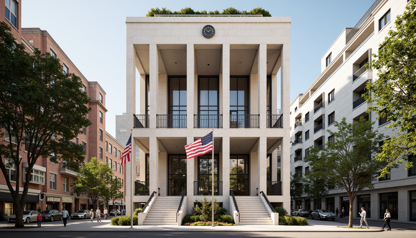 Prompt: Grand courthouse building, modernist facade design, symmetrical architecture, sleek stone columns, grand staircases, ornate metal railings, large clock towers, vibrant American flags, bustling city streets, sunny day, soft warm lighting, shallow depth of field, 3/4 composition, panoramic view, realistic textures, ambient occlusion, neoclassical influences, art deco patterns, monumental entranceways, dramatic arches, granite walls, bronze door handles, elegant fountains.