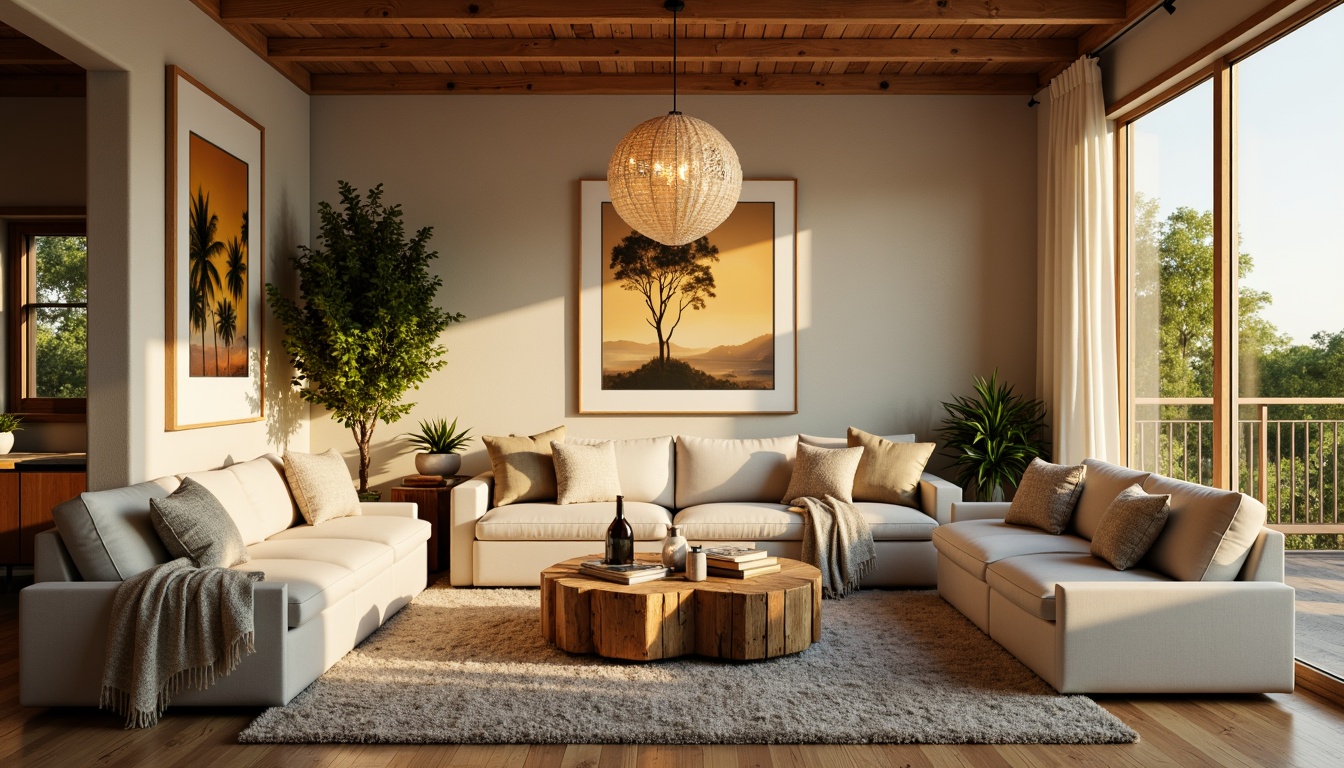 Prompt: Cozy living room, plush sofas, warm beige walls, natural wood flooring, soft golden lighting, comfortable cushions, vibrant greenery, rustic wooden coffee table, modern minimalist decor, elegant glass chandelier, calming color palette, textured throw blankets, inviting atmosphere, shallow depth of field, 1/1 composition, realistic textures, ambient occlusion.