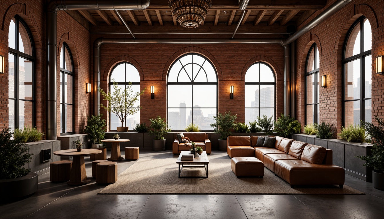 Prompt: Exposed brick walls, wooden beam ceilings, industrial metal pipes, vintage decorative lights, minimalist modern furniture, distressed leather sofas, reclaimed wood coffee tables, ornate Romanesque archways, grandiose chandeliers, warm earthy tones, rich textures, atmospheric lighting, shallow depth of field, 1/1 composition, realistic rendering, ambient occlusion, cozy reading nooks, floor-to-ceiling windows, urban cityscape views, morning soft light, warm color palette.