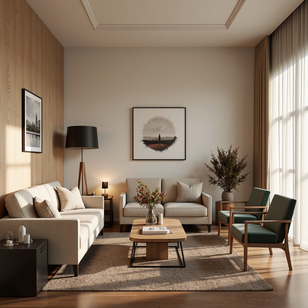 Prompt: Cozy living room, plush sofas, velvet armchairs, wooden coffee tables, soft cushions, pastel color palette, warm ambient lighting, floor lamps, modern minimalist decor, luxurious textiles, natural fiber rugs, elegant vases, fresh flowers, calm atmosphere, 1/2 composition, shallow depth of field, realistic rendering.