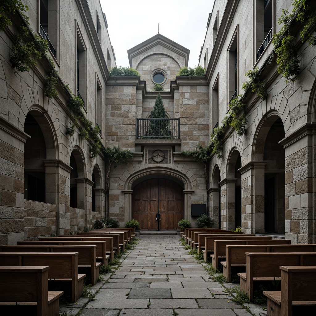 Prompt: Rough-hewn stone fa\u00e7ade, rugged concrete walls, brutalist architecture, dramatic angular lines, fortress-like entrance, heavy metal doors, rusted steel accents, weathered wooden pews, distressed stonework, ivy-covered arches, crumbling brick details, moss-covered roofs, overcast concrete textures, stark natural light, high contrast shadows, cinematic lighting, low-angle composition, symmetrical framing, gritty realistic rendering.