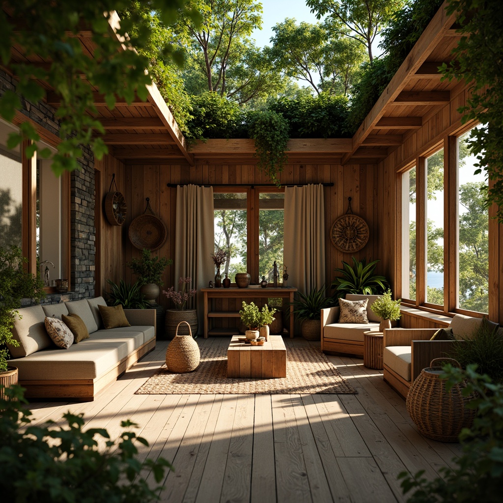 Prompt: Earthy cabin, reclaimed wood walls, natural stone foundations, lush green roof, living walls, bamboo flooring, rattan furniture, organic textiles, woven basket decorations, earthy color palette, warm ambient lighting, shallow depth of field, 1/1 composition, realistic textures, ambient occlusion.