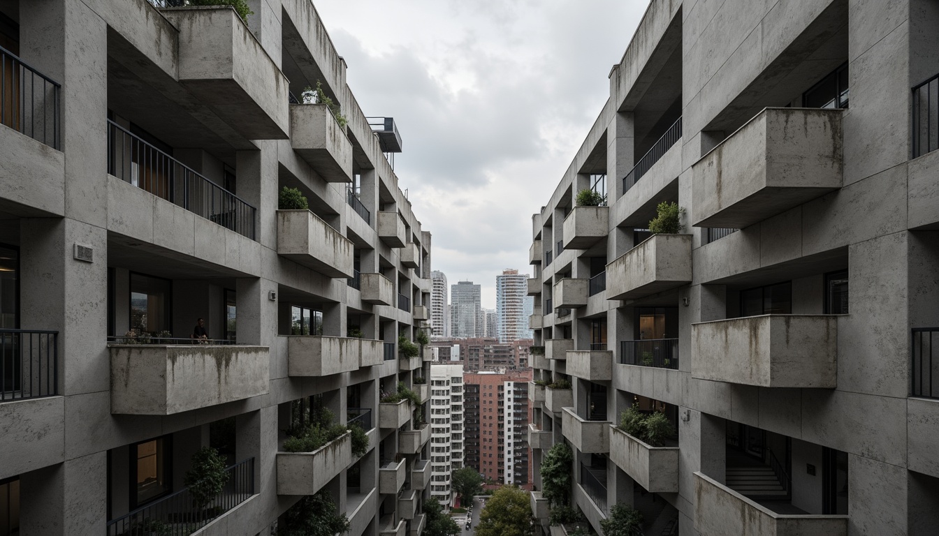 Prompt: Monolithic concrete structures, fortress-like buildings, rugged textures, brutalist fa\u00e7ades, monumental staircases, exposed ductwork, industrial materials, raw concrete surfaces, geometric shapes, functional simplicity, minimalist ornamentation, urban cityscape, overcast sky, dramatic shadows, high-contrast lighting, 1/2 composition, symmetrical framing, moody atmosphere, realistic render.