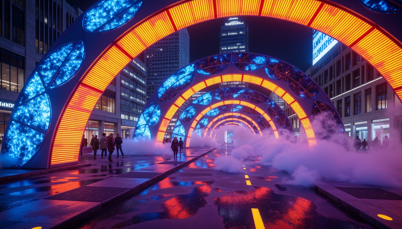 Prompt: Vibrant iridescent bridge, neon-lit arches, glowing LED lights, futuristic metallic structures, sweeping curves, gleaming reflective surfaces, electric blue accents, luminescent yellow highlights, bold red stripes, deep purple shadows, misty atmospheric effects, soft gradient transitions, 3D modeling, intricate lattice patterns, dynamic light installations, urban cityscape, bustling metropolis, warm golden hour lighting, dramatic cinematic composition.