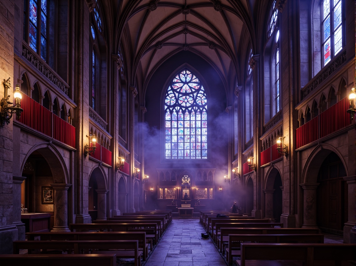 Prompt: Mysterious Gothic Cathedral, intricately carved stone walls, vaulted ceilings, stained glass windows, eerie candlelight, mysterious shadows, rich velvet drapes, ornate gold accents, mystical purple hues, deep crimson reds, midnight blues, weathered wood textures, distressed metal details, foggy misty atmosphere, soft warm lighting, dramatic chiaroscuro, symmetrical composition, ancient architectural elements, mystical symbolisms.