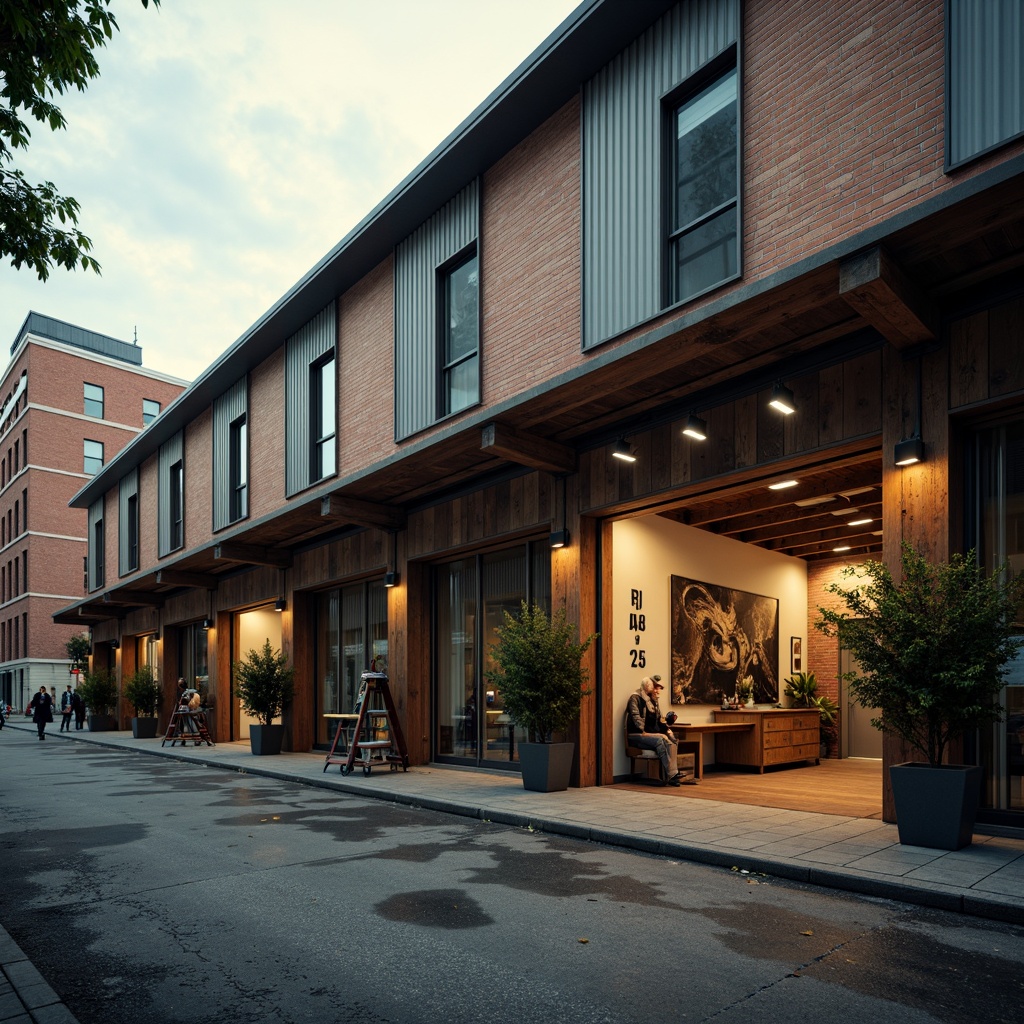 Prompt: Rustic warehouse facade, industrial aesthetic, exposed brick walls, metal clad accents, corrugated roofing, wooden beams, distressed textures, vintage signage, urban alleyway setting, overcast sky, warm soft lighting, shallow depth of field, 2/3 composition, cinematic view, realistic weathering effects, ambient occlusion.Please let me know if this meets your requirements.