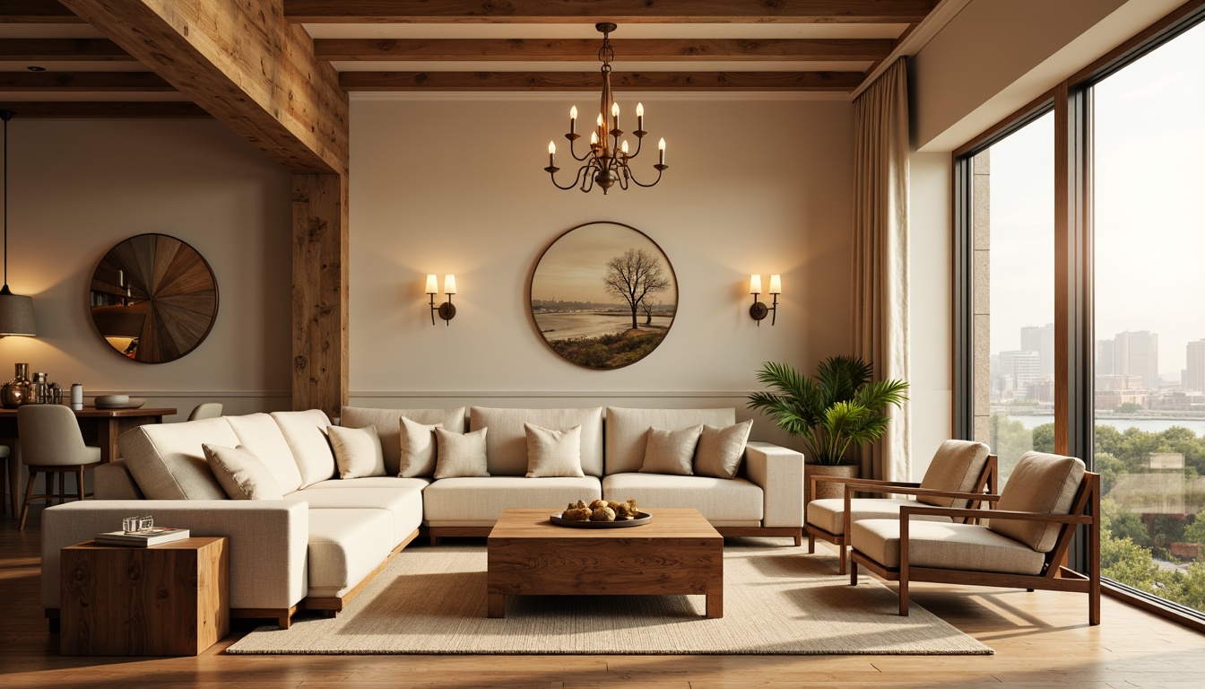 Prompt: Cozy living room, warm beige walls, plush cream sofa, rustic wooden coffee table, soft golden lighting, comfortable velvet armchairs, natural fiber rug, minimalist decor, large windows, cityscape view, modern sleek lines, elegant chandelier, ambient warm atmosphere, shallow depth of field, 1/1 composition, realistic textures, inviting color palette.