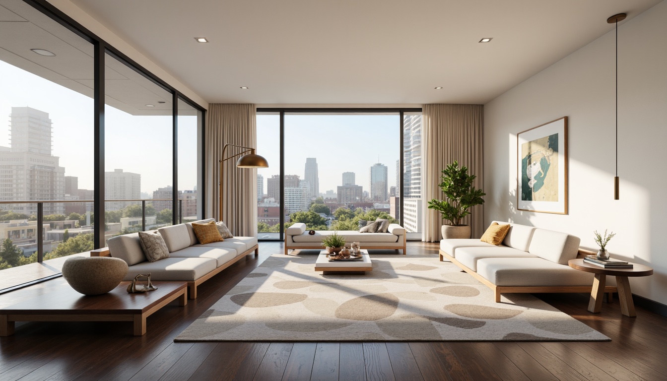 Prompt: Minimalist living room, sleek low-profile furniture, polished chrome accents, creamy white walls, dark hardwood floors, geometric patterned rug, floor-to-ceiling windows, sliding glass doors, urban cityscape views, natural daylight, soft warm lighting, 1/1 composition, shallow depth of field, realistic textures, ambient occlusion, functional workspace, built-in shelving, minimalist decorative pieces, industrial-chic metal lighting fixtures, modern abstract artwork, lush greenery, vibrant colorful accents.