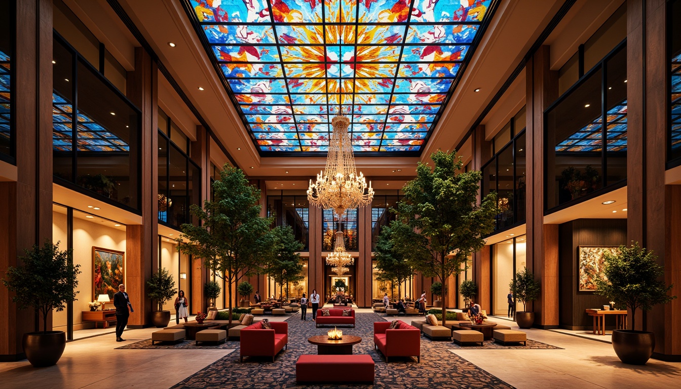 Prompt: Vibrant stained glass ceiling, colorful geometric patterns, luxurious hotel lobby, grand chandelier, opulent furnishings, rich wood accents, intricate metalwork, lavish flower arrangements, warm ambient lighting, soft focus blur, 1/2 composition, ornate details, realistic reflections, dramatic shadows, elegant curves, sophisticated color palette, upscale atmosphere, boutique hotel ambiance, modern art pieces, sleek marble floors.