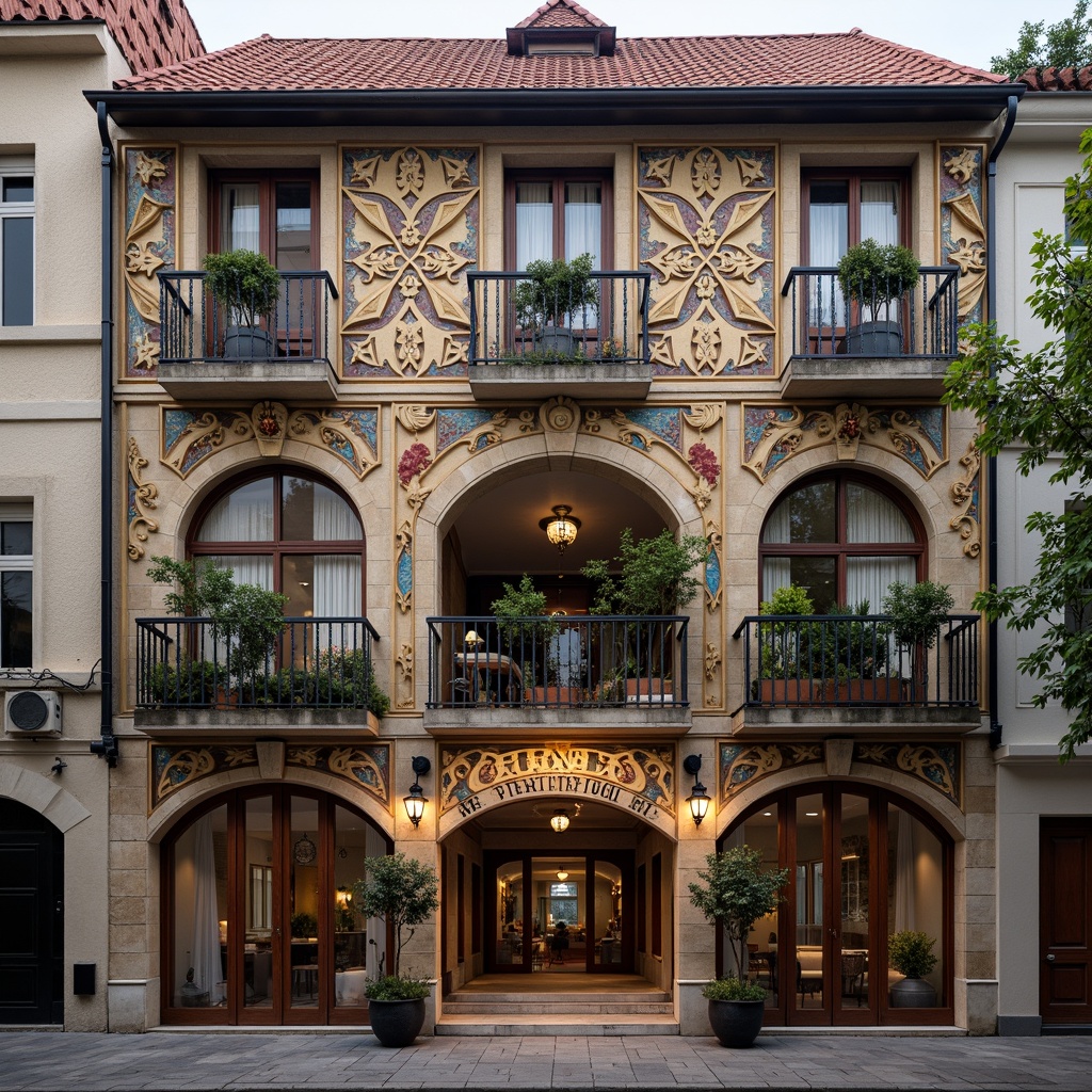 Prompt: Ornate Baroque hostel facade, grandiose entrance, rustic stone walls, intricately carved wooden doors, ornamental metalwork, vibrant colorful frescoes, majestic arches, balconies with wrought iron railings, red-tiled roof, subtle warm lighting, shallow depth of field, 1/1 composition, romantic European cityscape, historic building restoration, aged textures, atmospheric mist.