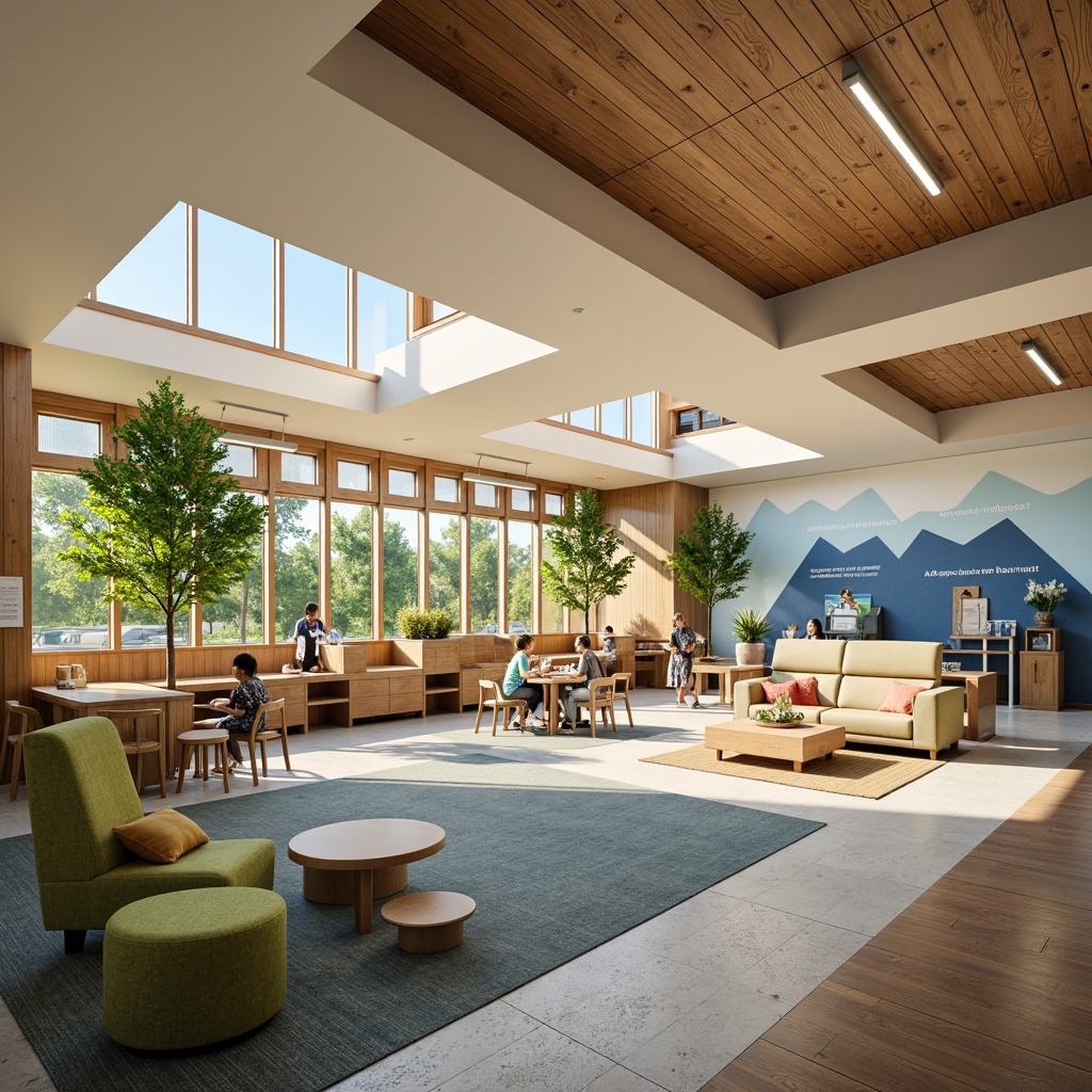 Prompt: Vibrant community center, harmonious color palette, earthy tones, natural wood accents, warm beige walls, calming blue hues, soft greenery, educational murals, inspirational quotes, modern minimalist furniture, comfortable seating areas, abundant natural light, softbox lighting, shallow depth of field, 1/1 composition, realistic textures, ambient occlusion.