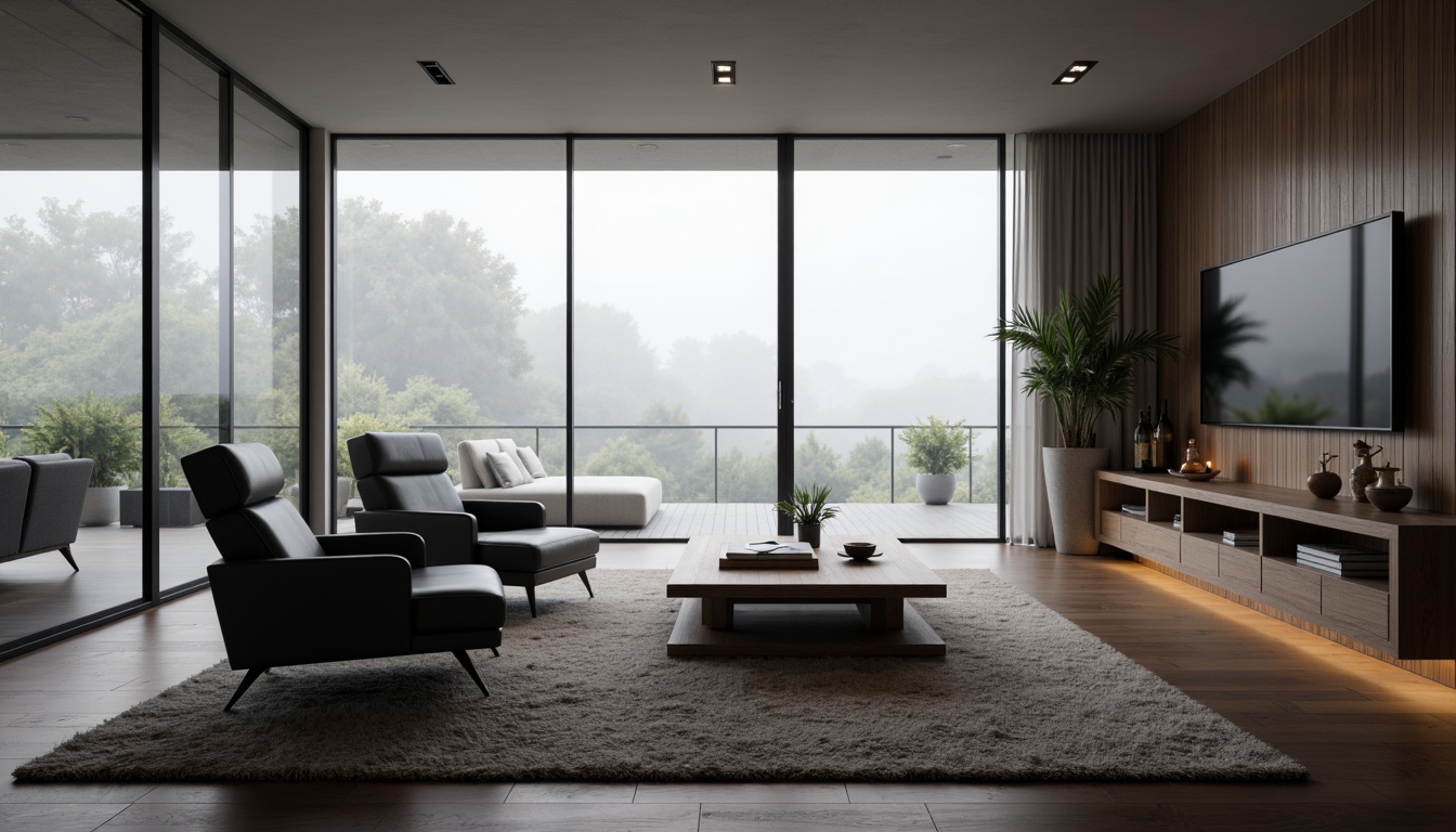 Prompt: Minimalist living room, sleek modern furniture, polished metal accents, monochromatic color scheme, plush area rugs, floor-to-ceiling windows, sliding glass doors, natural wood flooring, hidden storage compartments, built-in shelving units, ambient LED lighting, soft diffused illumination, 1/1 composition, shallow depth of field, realistic textures, atmospheric fog.