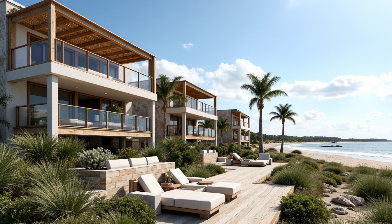 Prompt: Seaside coastal architecture, oceanfront villas, driftwood accents, weathered stone walls, beachy color palette, nautical theme, large windows, sliding glass doors, outdoor living spaces, wooden decks, seaside promenade, sandy dunes, tropical plants, palm trees, sunny day, soft warm lighting, shallow depth of field, 3/4 composition, panoramic view, realistic textures, ambient occlusion.