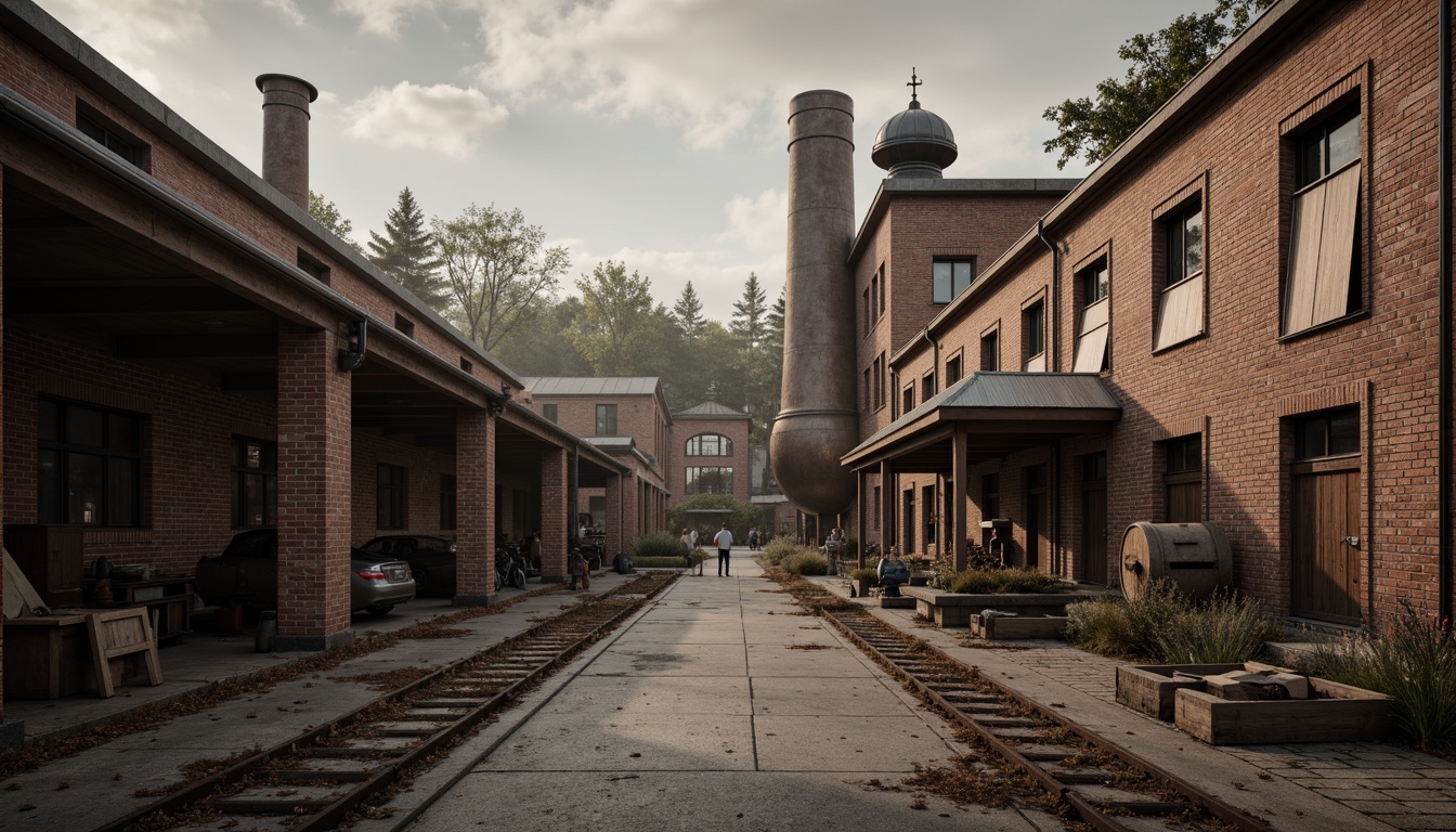 Prompt: Rustic industrial landscape, old factories, distressed brick walls, corrugated metal roofs, large chimneys, mechanical equipment, exposed ductwork, concrete floors, steel beams, wooden crates, vintage machinery, nostalgic atmosphere, warm soft lighting, shallow depth of field, 1/1 composition, symmetrical framing, realistic textures, ambient occlusion, dramatic contrast, rich history, cultural heritage, functional simplicity, utilitarian aesthetic.