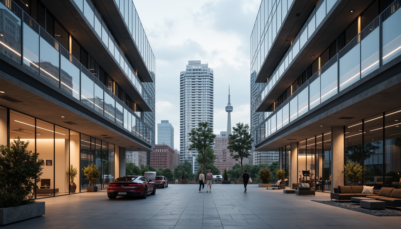 Prompt: Streamlined modern buildings, curved lines, minimal ornamentation, silver metallic accents, glass facades, LED strip lighting, warm ambient glow, high ceiling spaces, open floor plans, polished concrete floors, industrial chic decor, urban cityscape views, cloudy day with soft natural light, 1/2 composition, realistic reflections, subtle shadowing, cinematic mood lighting.