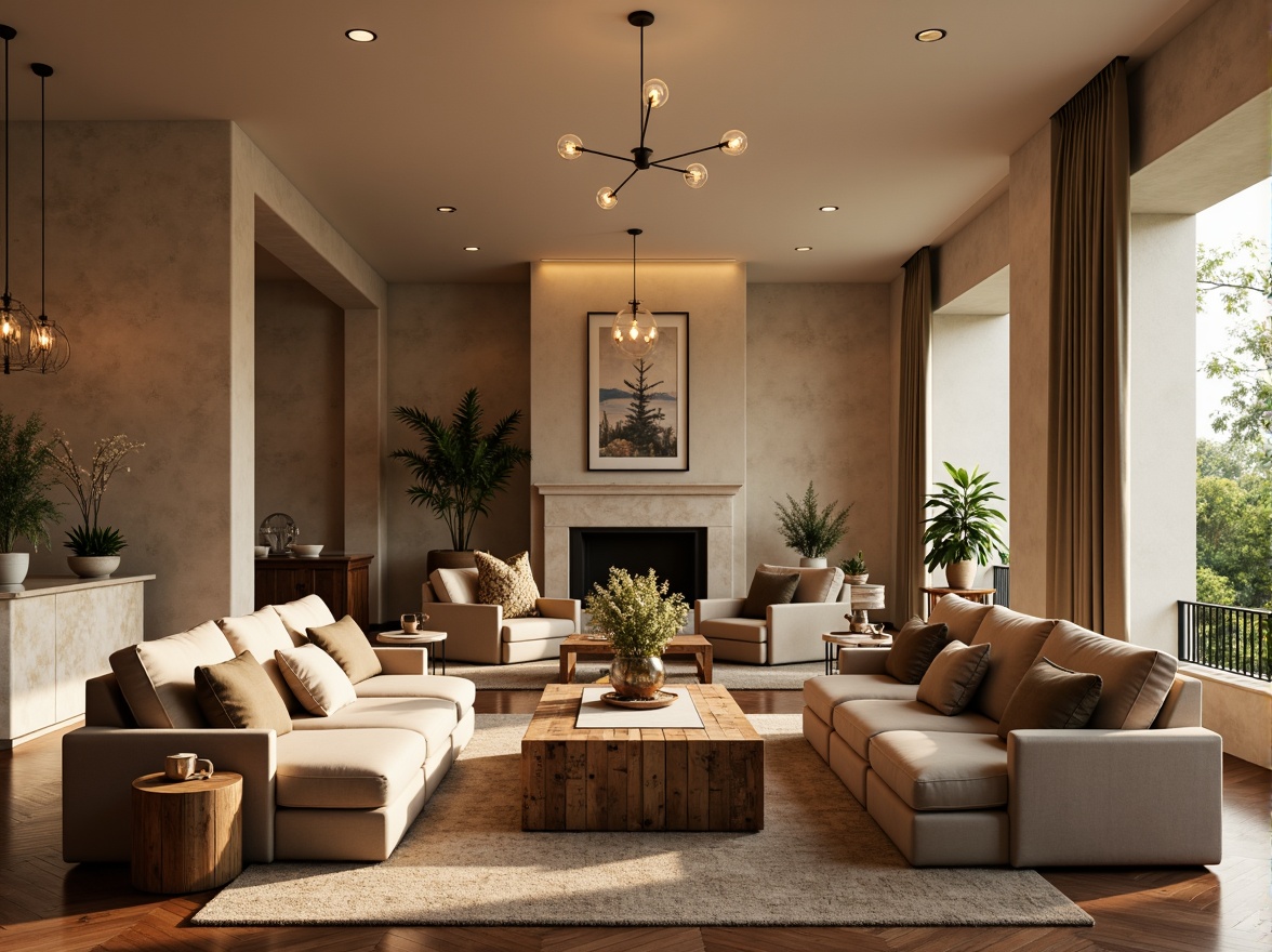 Prompt: Cozy living room, warm beige walls, plush velvet sofas, rustic wooden coffee tables, soft golden lighting, comfortable pillows, natural stone fireplaces, modern minimalist decor, calming atmosphere, serene ambiance, elegant chandeliers, creamy marble countertops, rich wood flooring, lush greenery, vibrant floral arrangements, inviting seating areas, relaxed conversation zones, harmonious color schemes, balanced compositions, 1/1 aspect ratio, soft focus, warm color temperature.