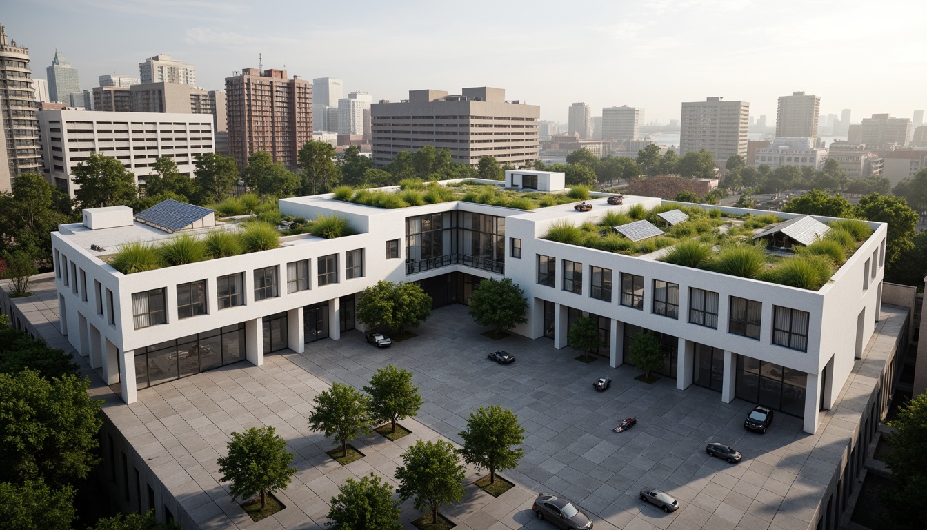 Prompt: Minimalist eco-friendly building, green roofs, solar panels, rainwater harvesting systems, recycled materials, natural ventilation, large windows, minimal ornamentation, clean lines, monochromatic color scheme, industrial chic aesthetic, urban landscape, modern cityscape, morning light, soft shadows, shallow depth of field, 1/1 composition, realistic textures, ambient occlusion.