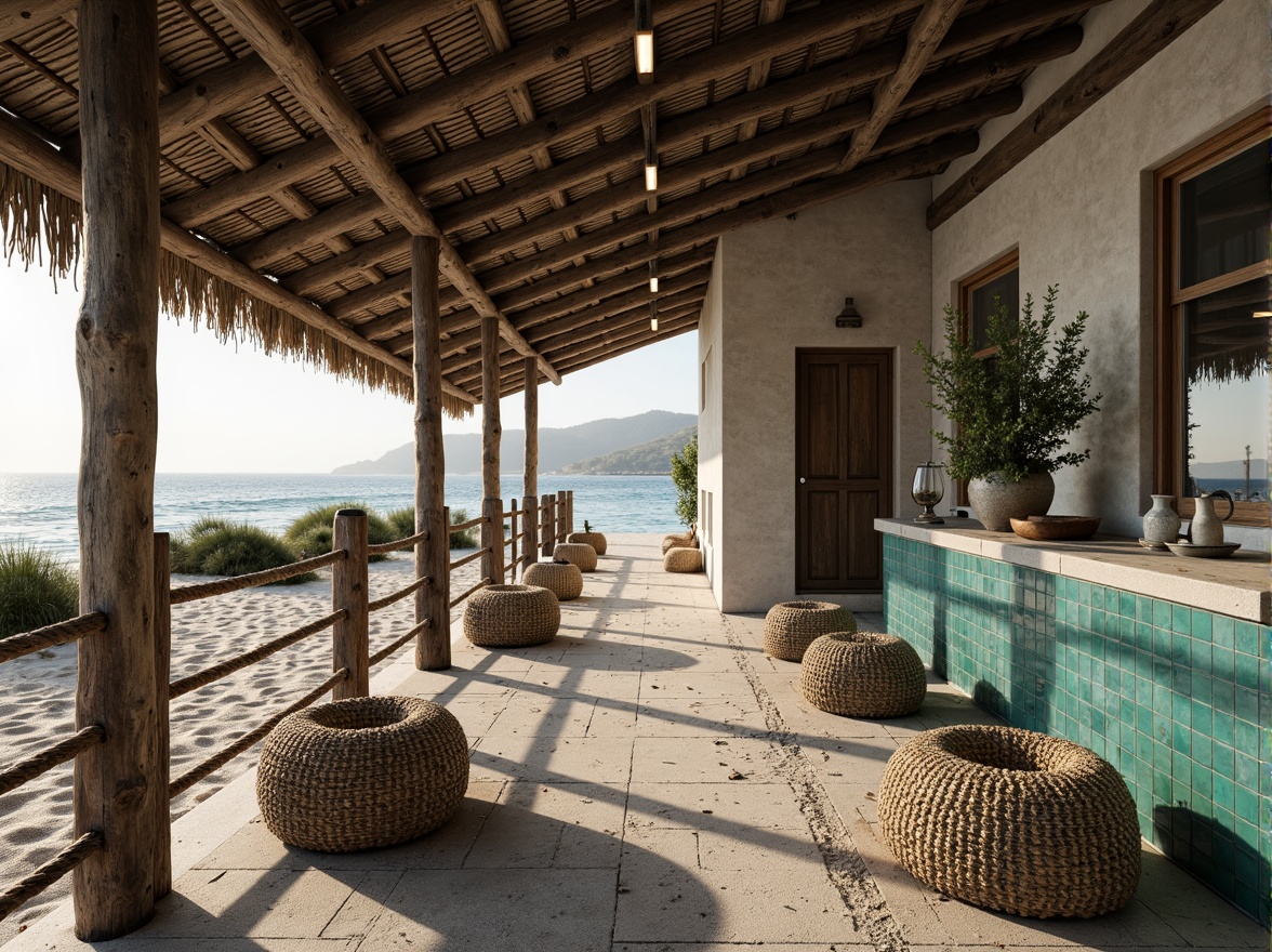 Prompt: Weathered wooden docks, rustic rope railings, driftwood accents, sandy beach floors, sea-eroded stone walls, ocean-worn pebbles, coral-inspired patterns, turquoise glass tiles, salty misty atmosphere, soft warm lighting, shallow depth of field, 3/4 composition, panoramic view, realistic textures, ambient occlusion.