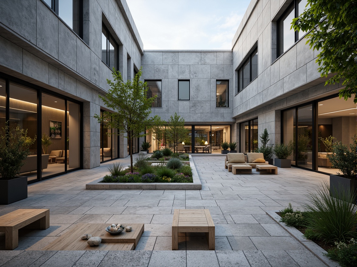 Prompt: Open courtyard, minimal ornamentation, clean lines, simple shapes, industrial materials, exposed concrete walls, polished metal accents, floor-to-ceiling windows, sliding glass doors, lush greenery, potted plants, natural stone flooring, wooden benches, ambient lighting, soft shadows, shallow depth of field, 3/4 composition, panoramic view, realistic textures, subtle color palette.