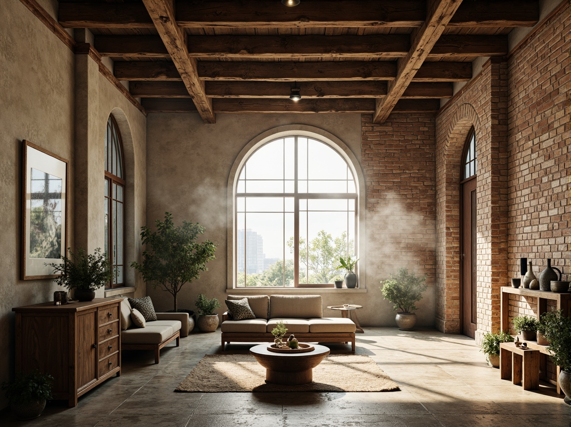 Prompt: Earthy loft interior, exposed brick walls, rustic wooden beams, distressed metal accents, vintage industrial decor, muted color palette, warm beige tones, soft sage greens, weathered wood textures, natural stone floors, reclaimed wood furniture, ornate metal fixtures, grand archways, high ceilings, large windows, abundant natural light, dramatic shadows, 1/1 composition, cinematic lighting, atmospheric mist.