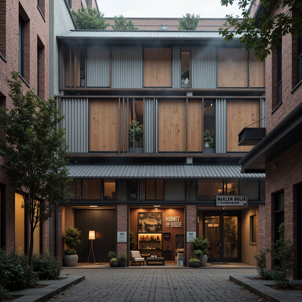 Prompt: Rustic warehouse facade, distressed brick walls, metal cladding, industrial steel frames, corrugated roofing, worn wooden doors, vintage signage, urban alleyway setting, morning misty atmosphere, soft warm lighting, shallow depth of field, 1/1 composition, realistic textures, ambient occlusion.