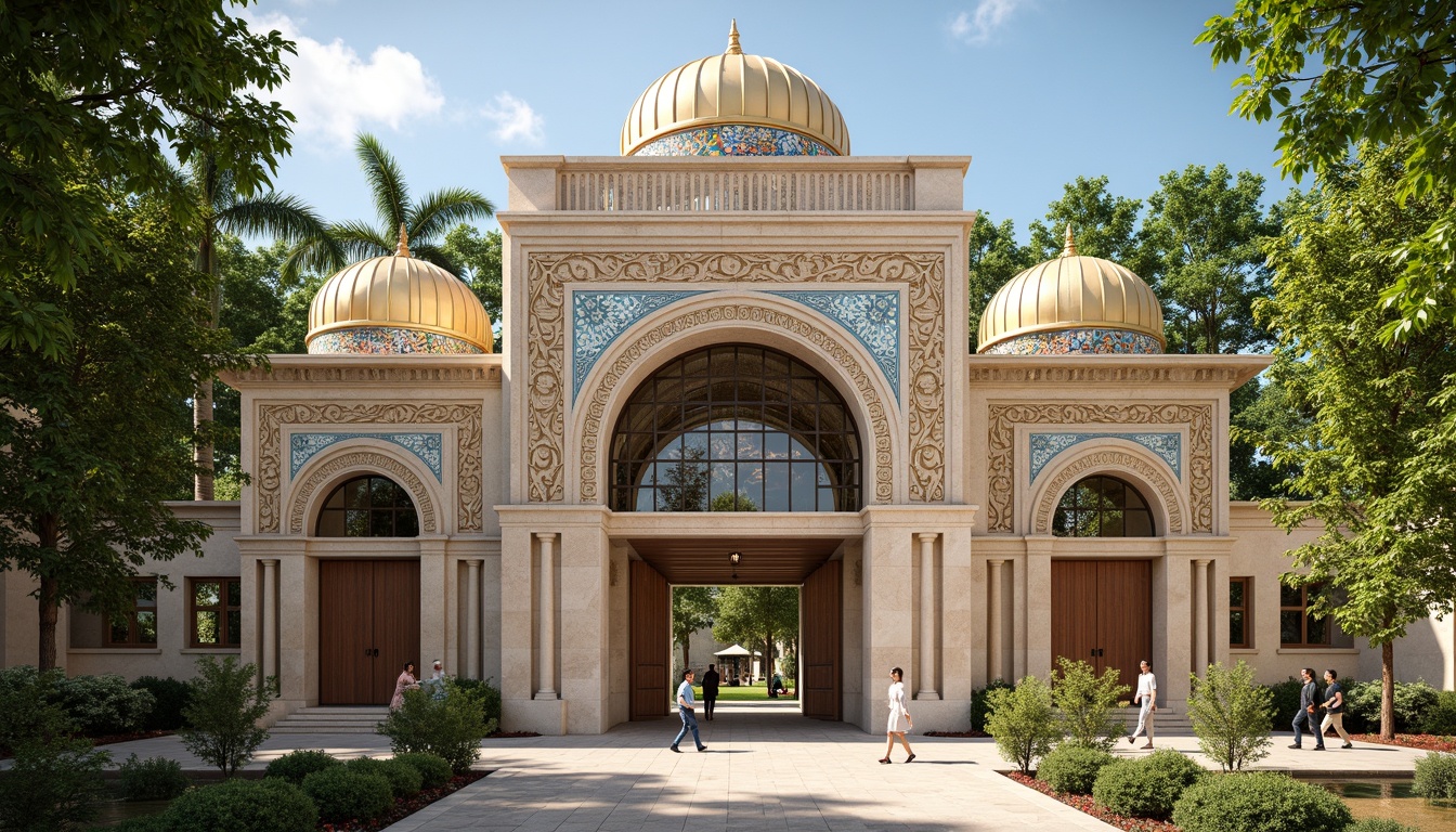 Prompt: Intricate stone carvings, ornate arches, golden domes, vibrant mosaic patterns, majestic entrance gates, ornamental columns, Byzantine-inspired facades, zoo enclosures, animal habitats, lush greenery, exotic trees, sunny day, warm soft lighting, shallow depth of field, 3/4 composition, panoramic view, realistic textures, ambient occlusion.