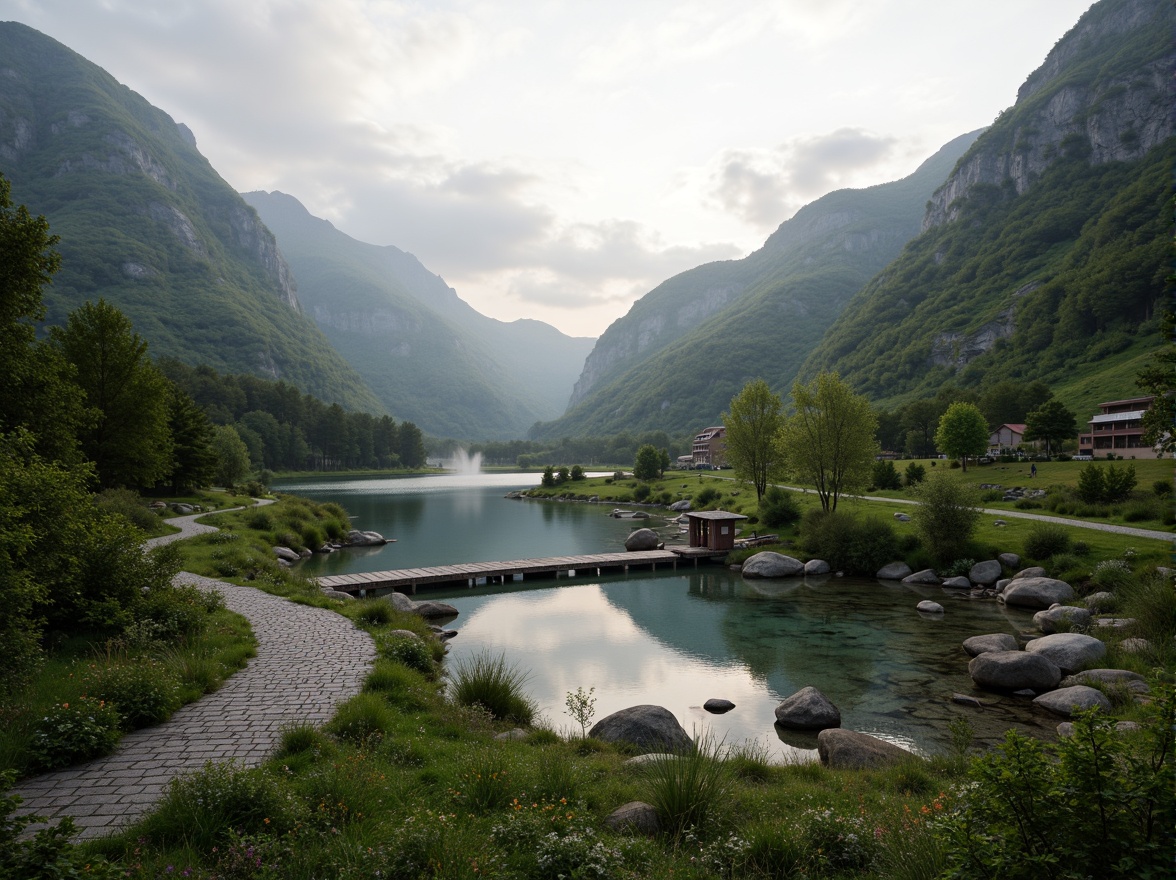 Prompt: Mountainous terrain, rolling hills, serene lakeside, lush green forests, winding stone paths, rustic wooden bridges, misty morning atmosphere, soft warm lighting, realistic water effects, subtle fog, cinematic depth of field, 1/2 composition, sweeping panoramic view, ambient occlusion, natural rock formations, weathered tree trunks, wildflower meadows, gentle waterfalls, moss-covered boulders, earthy color palette.