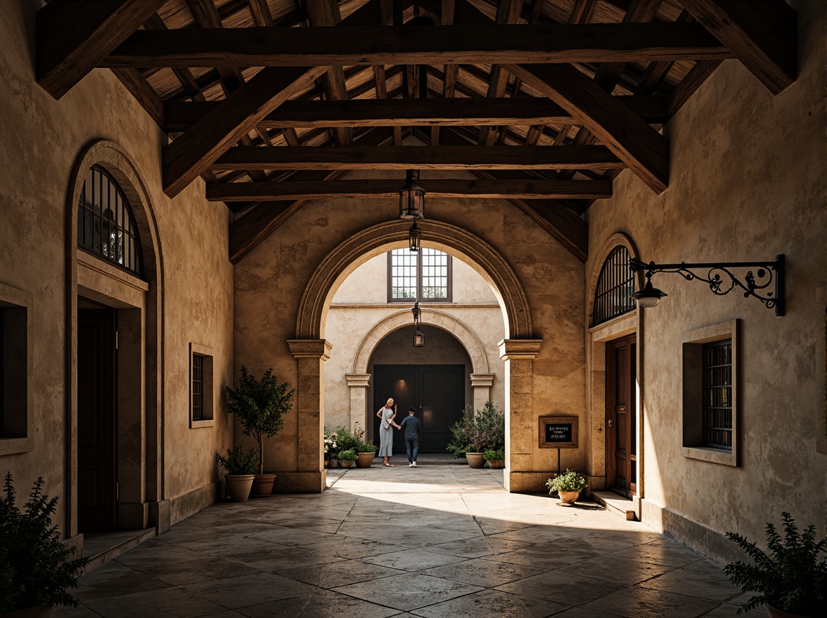 Prompt: Rustic archways, weathered stone walls, ornate carvings, grand entrance, high ceilings, wooden beams, exposed brick, industrial chic, metal railings, distressed textures, warm ambient lighting, soft focus, atmospheric perspective, 1/2 composition, cinematic view, dramatic shadows, ancient Romanesque inspirations.