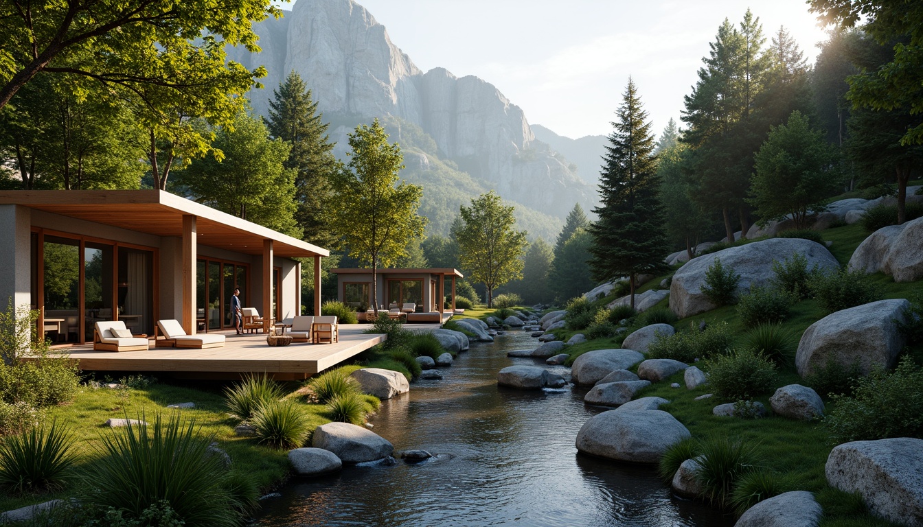 Prompt: Serene mountainous backdrop, lush green forests, winding streams, natural rock formations, wooden decks, outdoor seating areas, cantilevered structures, floor-to-ceiling windows, minimalist design, sustainable materials, eco-friendly architecture, blending nature with modern design, soft warm lighting, shallow depth of field, 1/1 composition, realistic textures, ambient occlusion, vibrant foliage, rustic wood accents, earthy color palette.