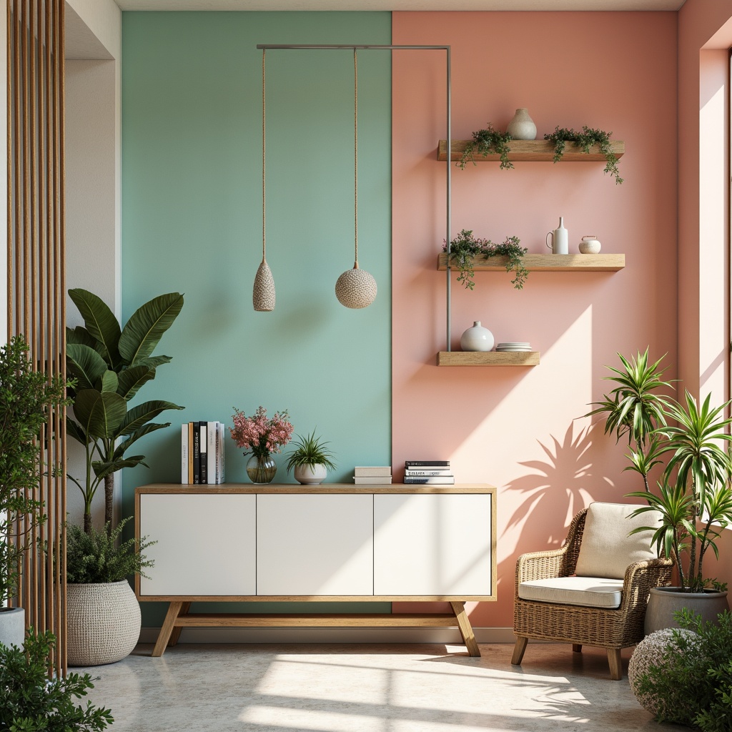 Prompt: Vibrant pastel colors, soft peach tones, calming mint hues, rich wood accents, creamy whites, bold black outlines, metallic silver highlights, lush greenery, blooming florals, natural stone textures, warm ambient lighting, shallow depth of field, 1/1 composition, realistic reflections, ambient occlusion.