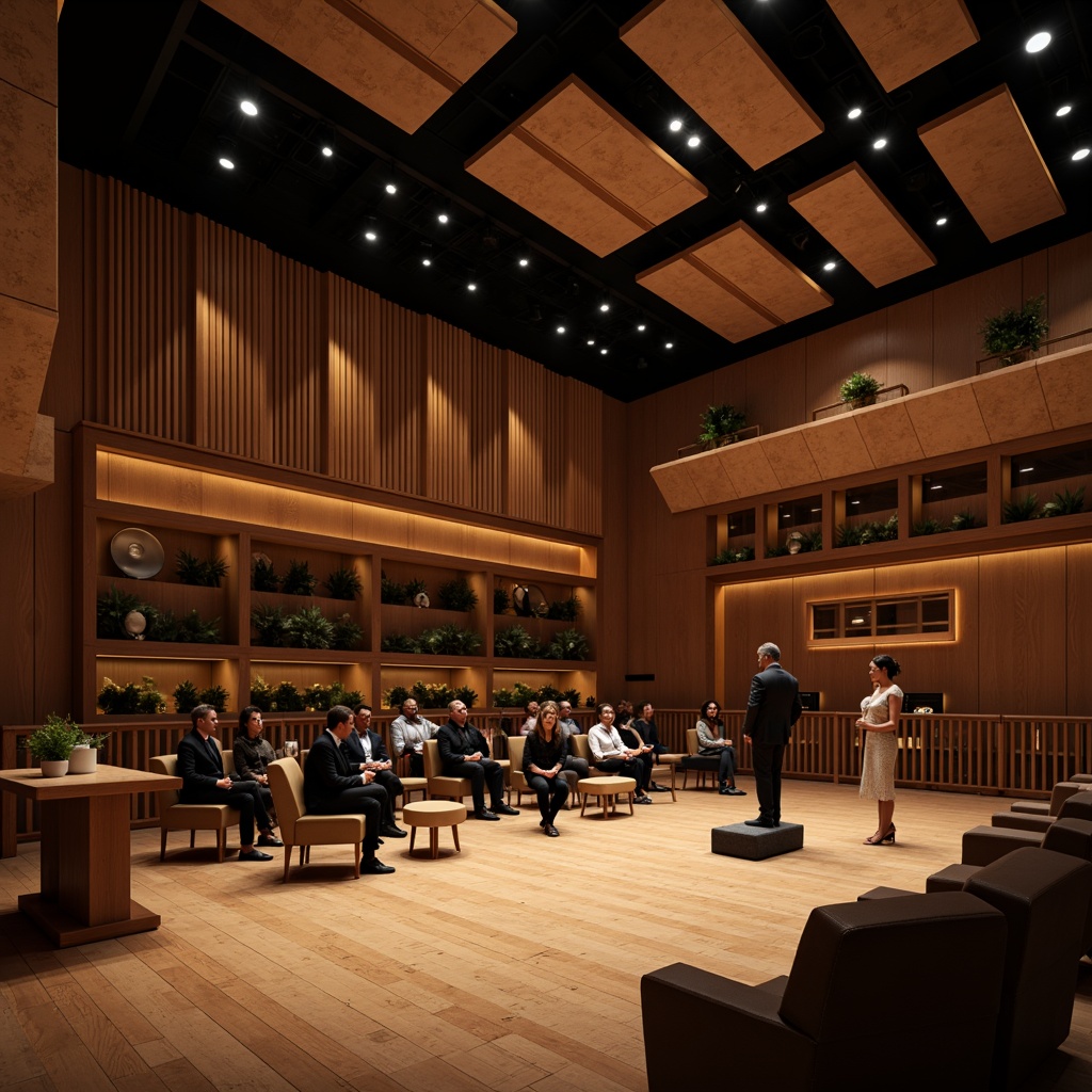 Prompt: Luxurious concert hall, wooden flooring, sound-absorbing panels, acoustic ceiling tiles, premium speakers, state-of-the-art audio equipment, comfortable seating, intimate setting, warm ambient lighting, minimal reverberation, precise sound reflections, optimal sound quality, crystal-clear high-fidelity audio, 3D immersive experience, cinematic feel, realistic textures, subtle color palette.